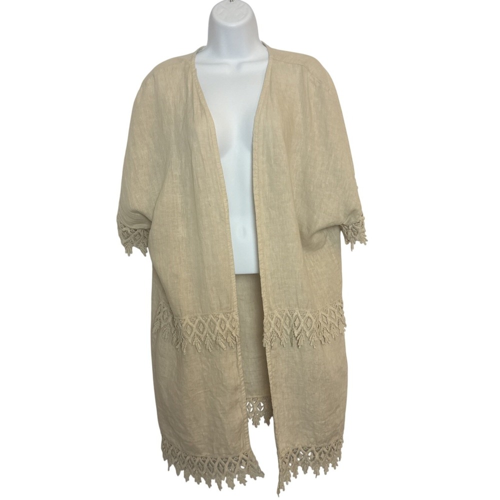 Valentina Naldi OS Beige Linen Duster Open Top Crochet Boho Italy‎ Lace Vacation